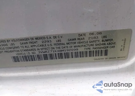 2008 Volkswagen Jetta Se/Sel z USA, uszkodzony, nr VIN 3VWRZ71KX8M192099